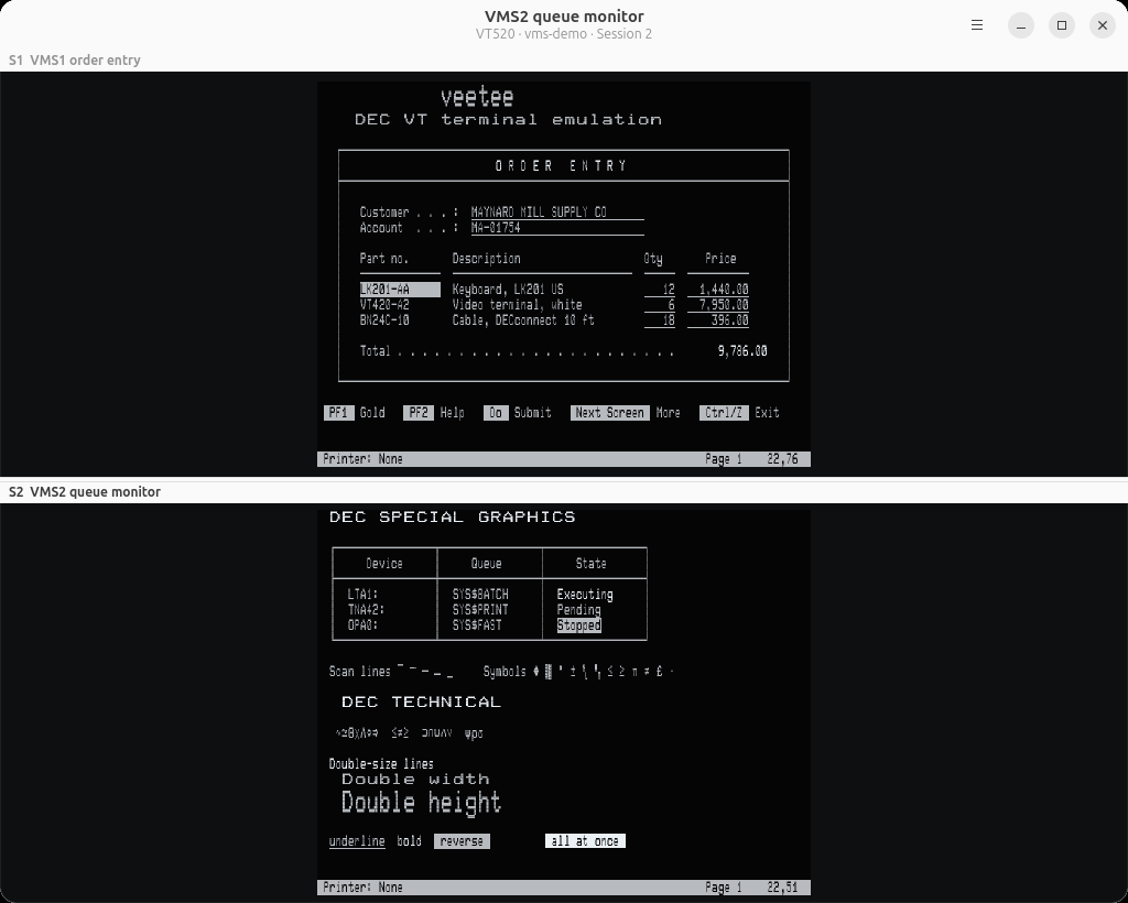 A veetee window split into two sessions, VMS1 order entry above and VMS2 queue monitor below, each with its own title bar