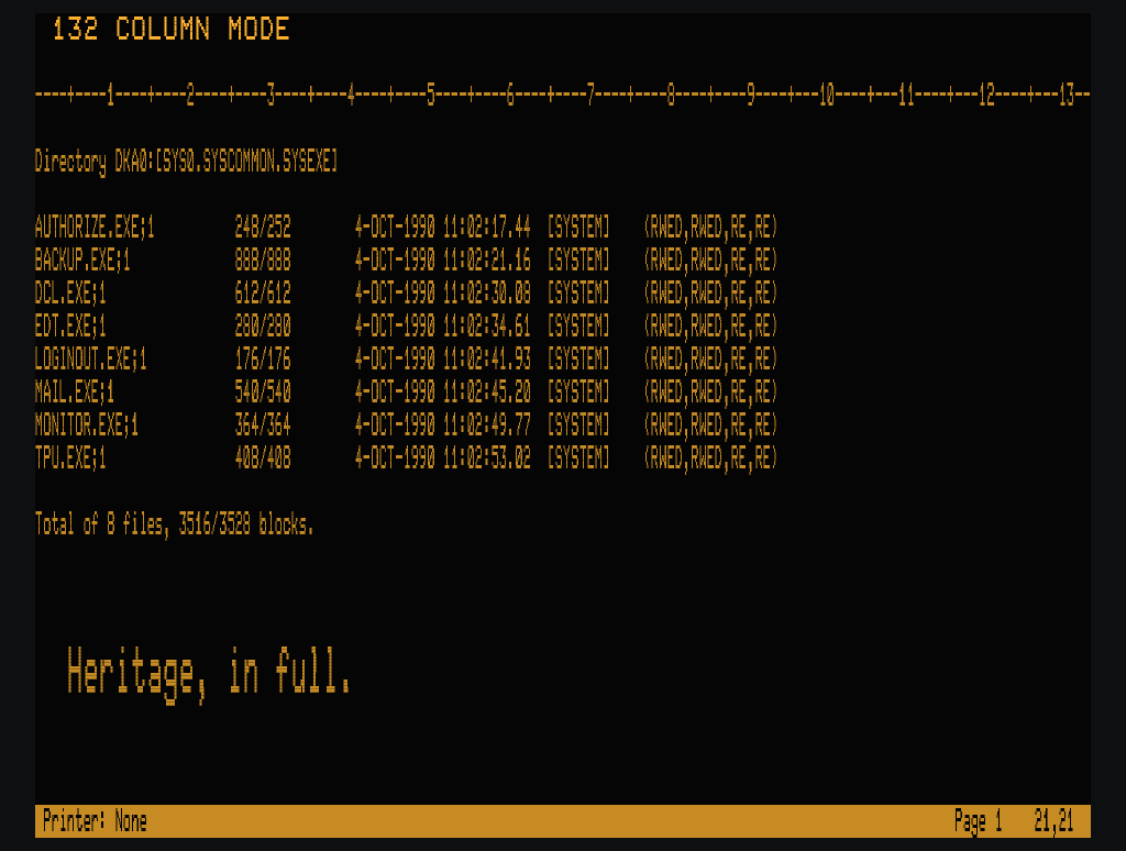A 132-column directory listing with a column ruler and a double-height line in amber phosphor