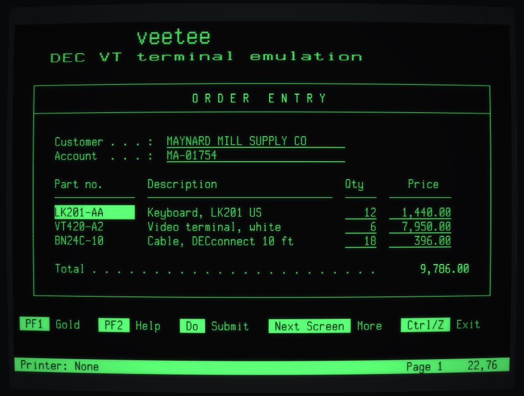 The order entry form in green phosphor on a curved screen with glow and darker corners