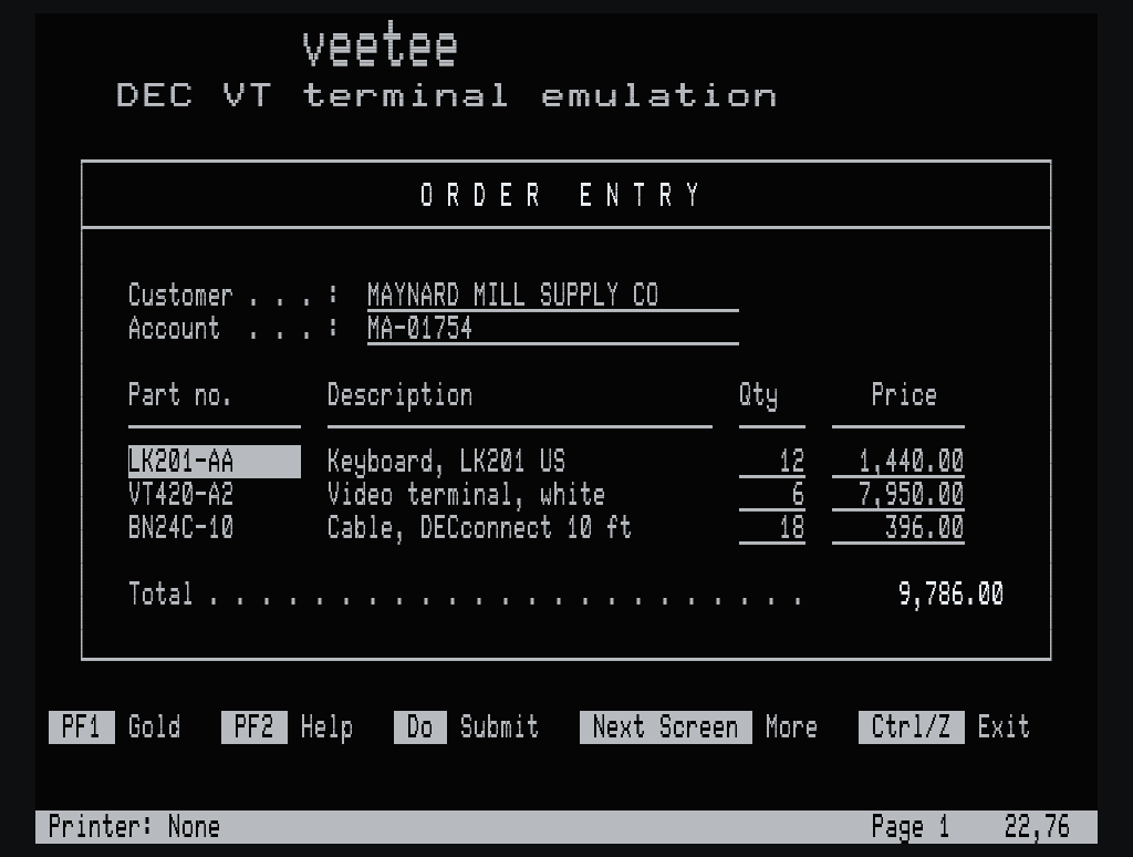 veetee emulating a VT420: an order entry form drawn with DEC Special Graphics, double-height heading, underlined fields and the indicator status line