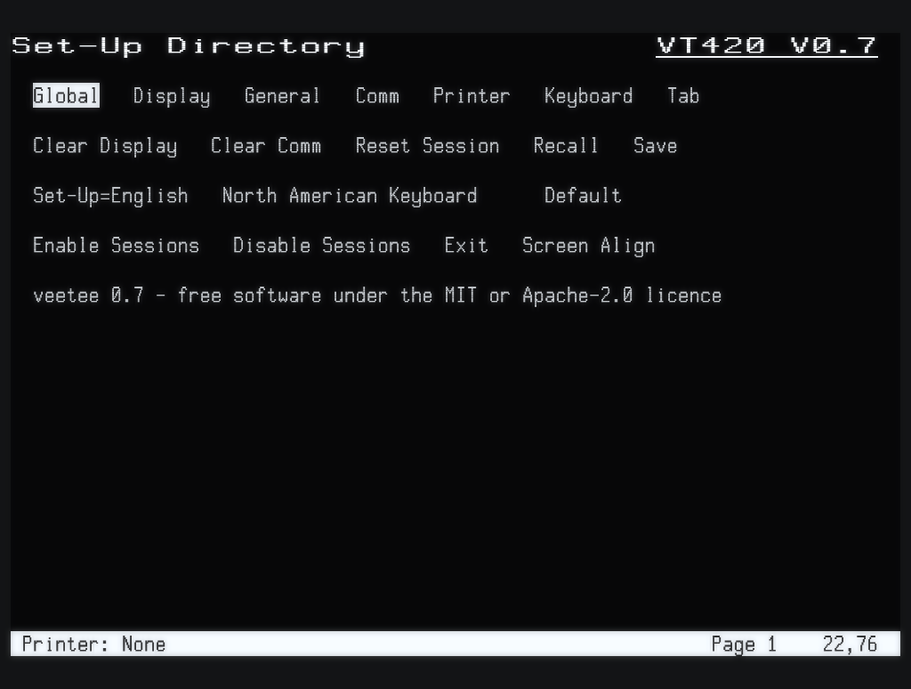The VT420 Set-Up Directory in veetee, with the field cursor on Global