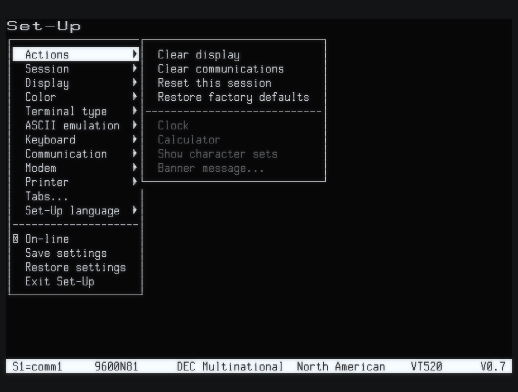 The VT520 Set-Up main menu in veetee with the Actions submenu open and the Set-Up summary line
