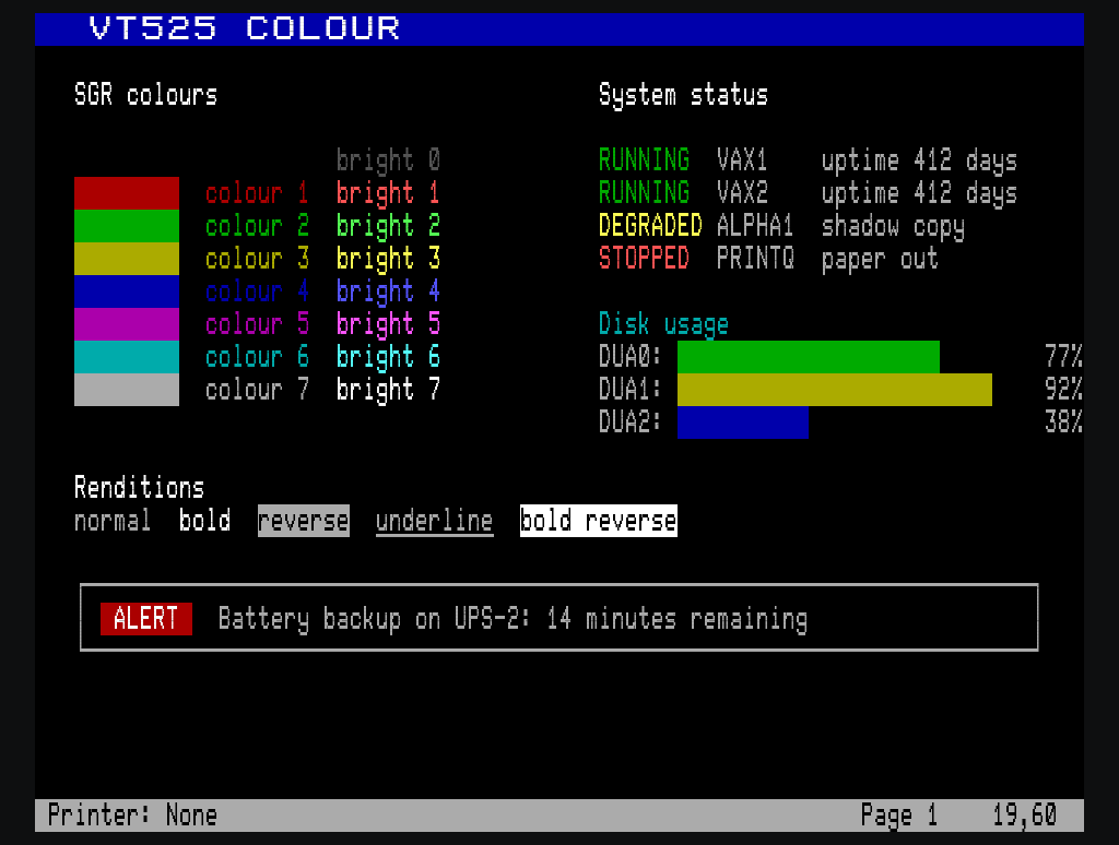 A colour status dashboard using ANSI SGR colours on the VT525 model