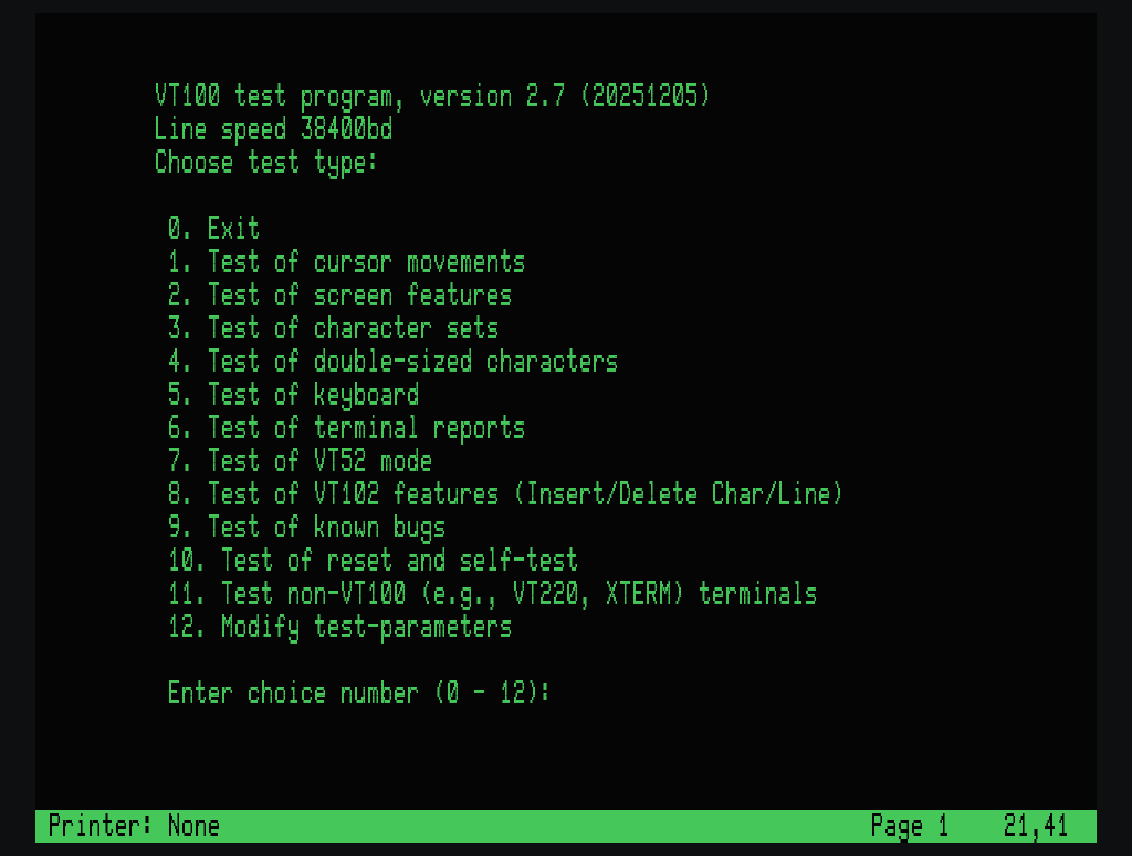 The vttest main menu running inside veetee in green phosphor